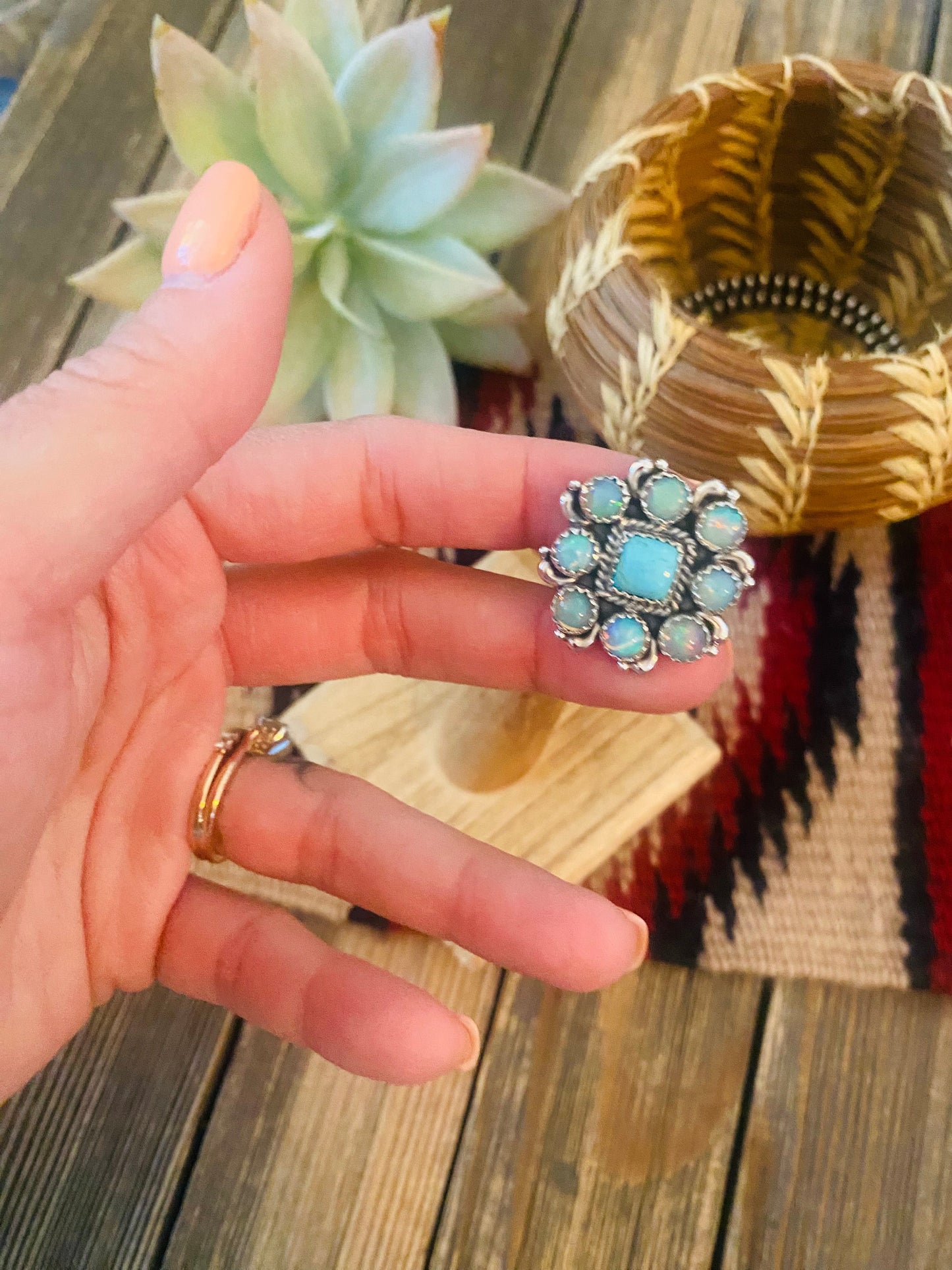 Handmade Sterling Silver, Turquoise & Opal Cluster Adjustable Ring