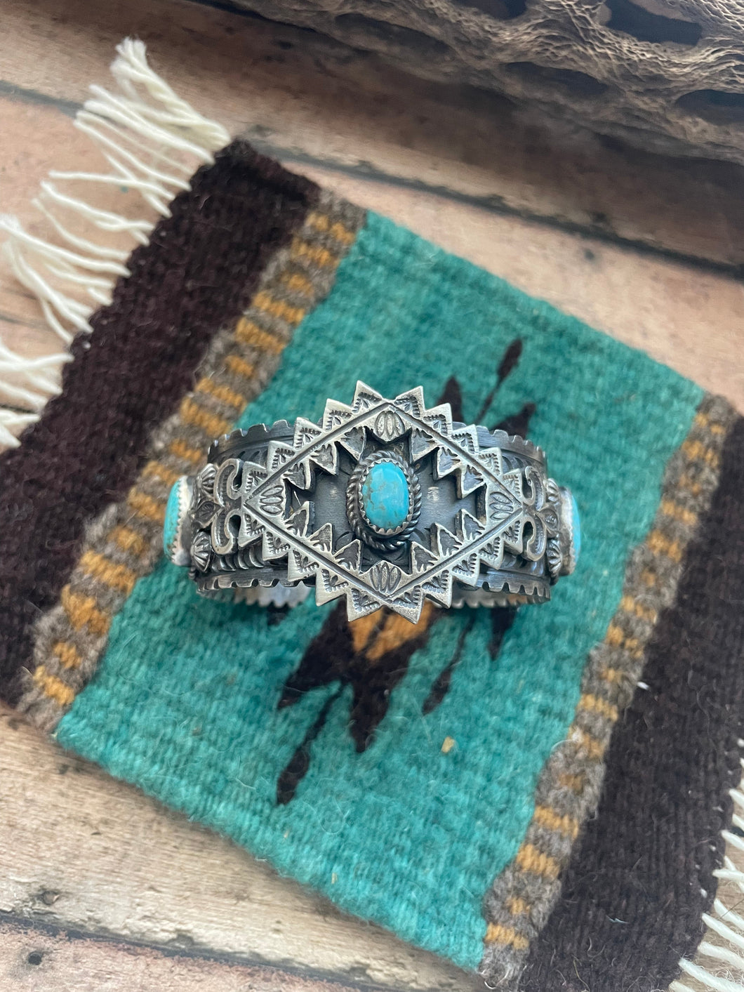 Navajo Sterling Cuff & Kingman Turquoise Cuff Bracelet Signed