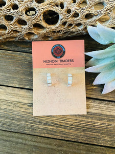 Zuni White Opal & Sterling Silver Inlay Hoop Earrings