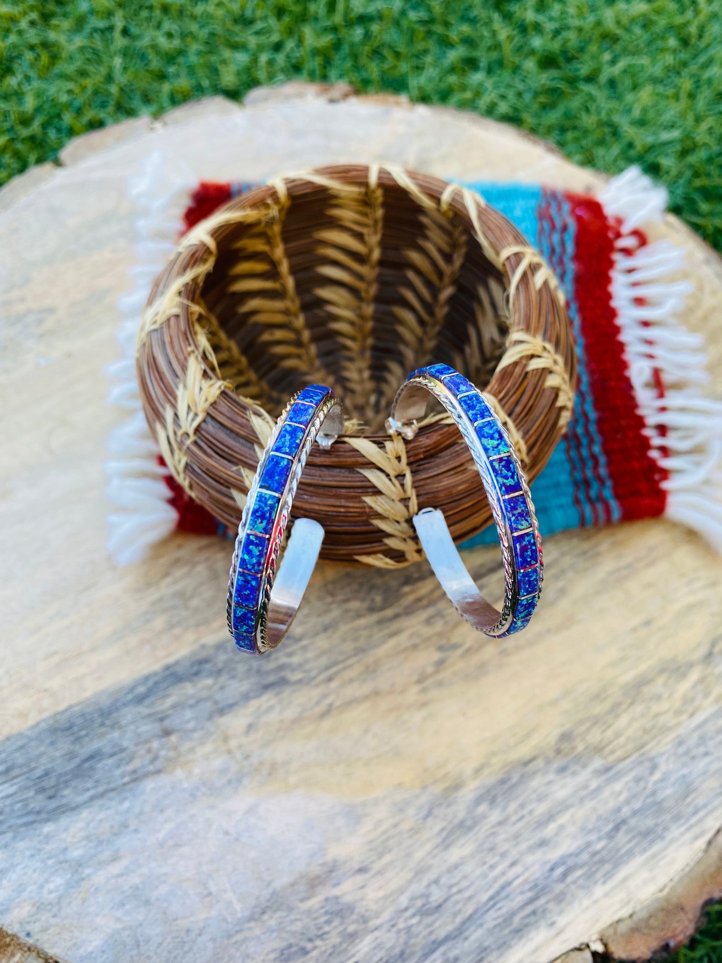 Navajo Sterling Silver & Purple Opal Inlay Hoop Earrings Signed