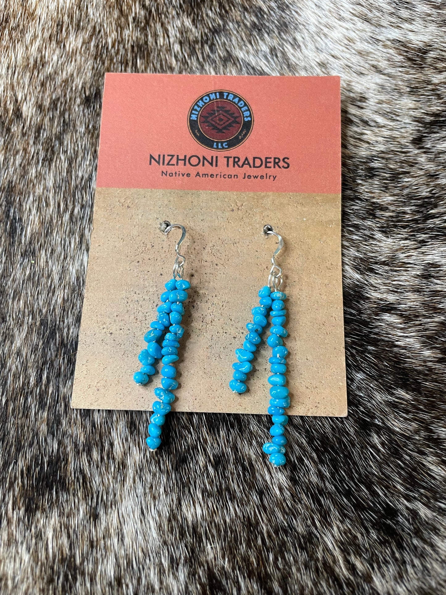 Navajo Sterling Silver & Turquoise Beaded Dangle Earrings DBL Strand