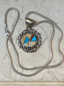 Navajo Turquoise, Coral & Mother of Pearl Pendant Necklace