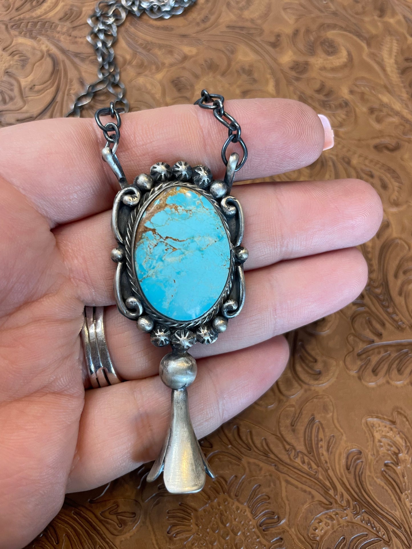 Navajo Sterling Silver And Turquoise Blossom Necklace Signed