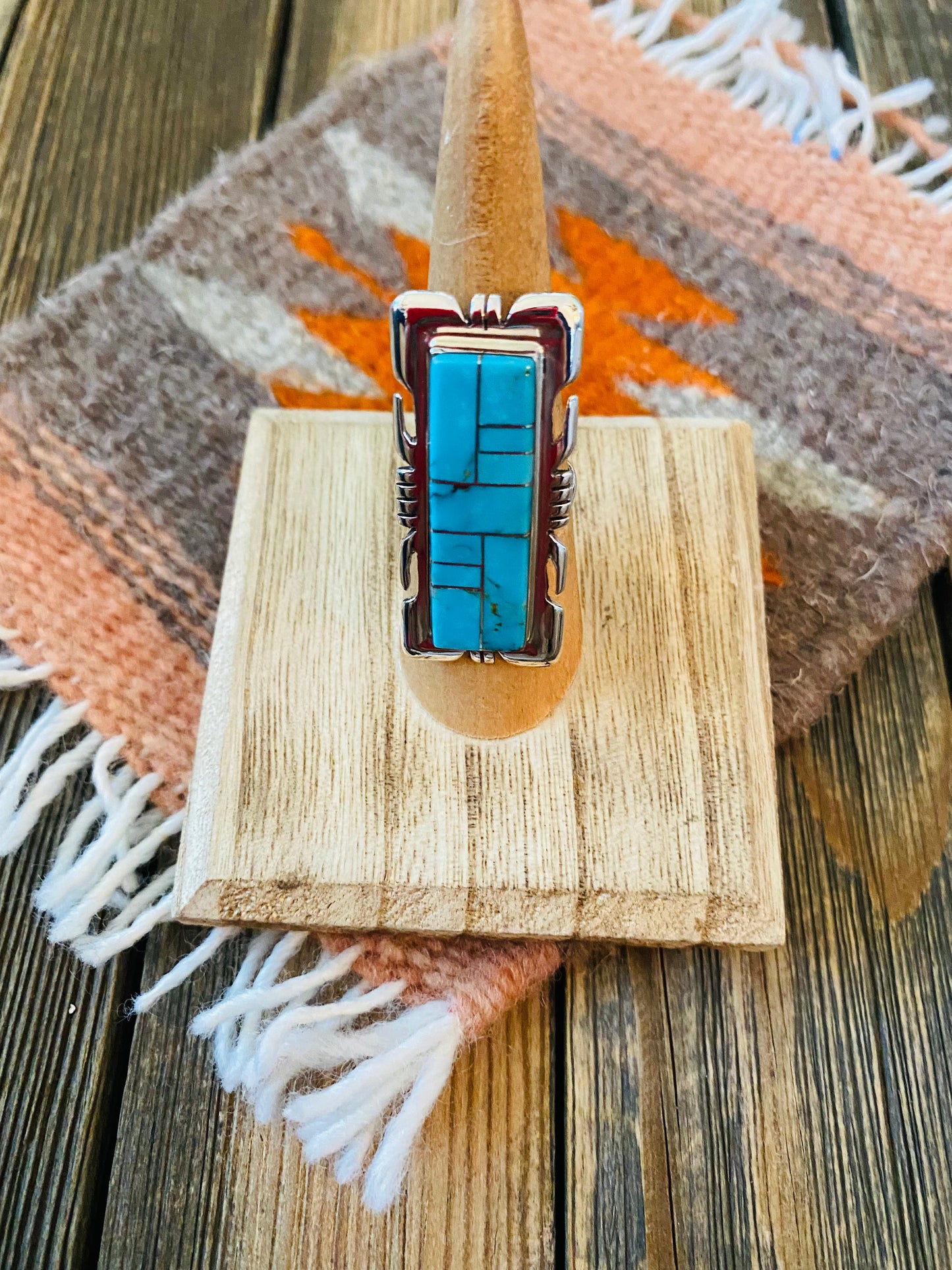 Navajo Sterling Silver & Turquoise Inlay Ring Size 6.5