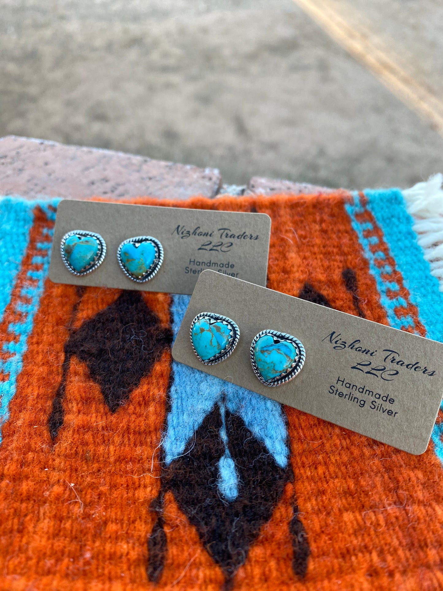 Handmade Royston Turquoise & Sterling Heart Stud Earrings