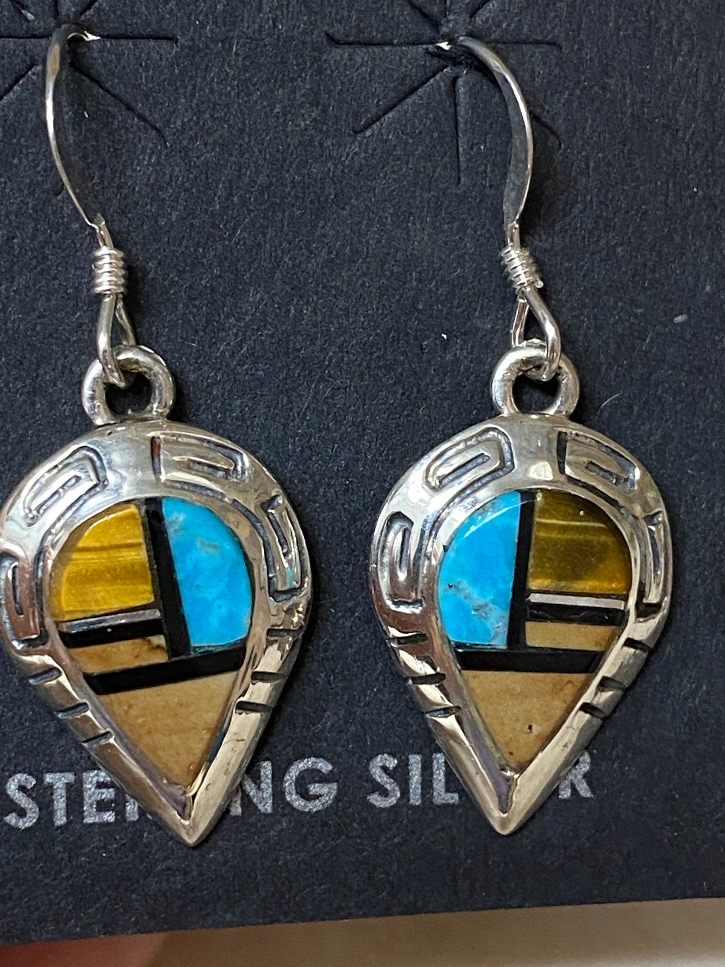 Navajo Turquoise, Onyx, Petrified Wood & Sterling Silver Inlay Drop Dangle Earrings
