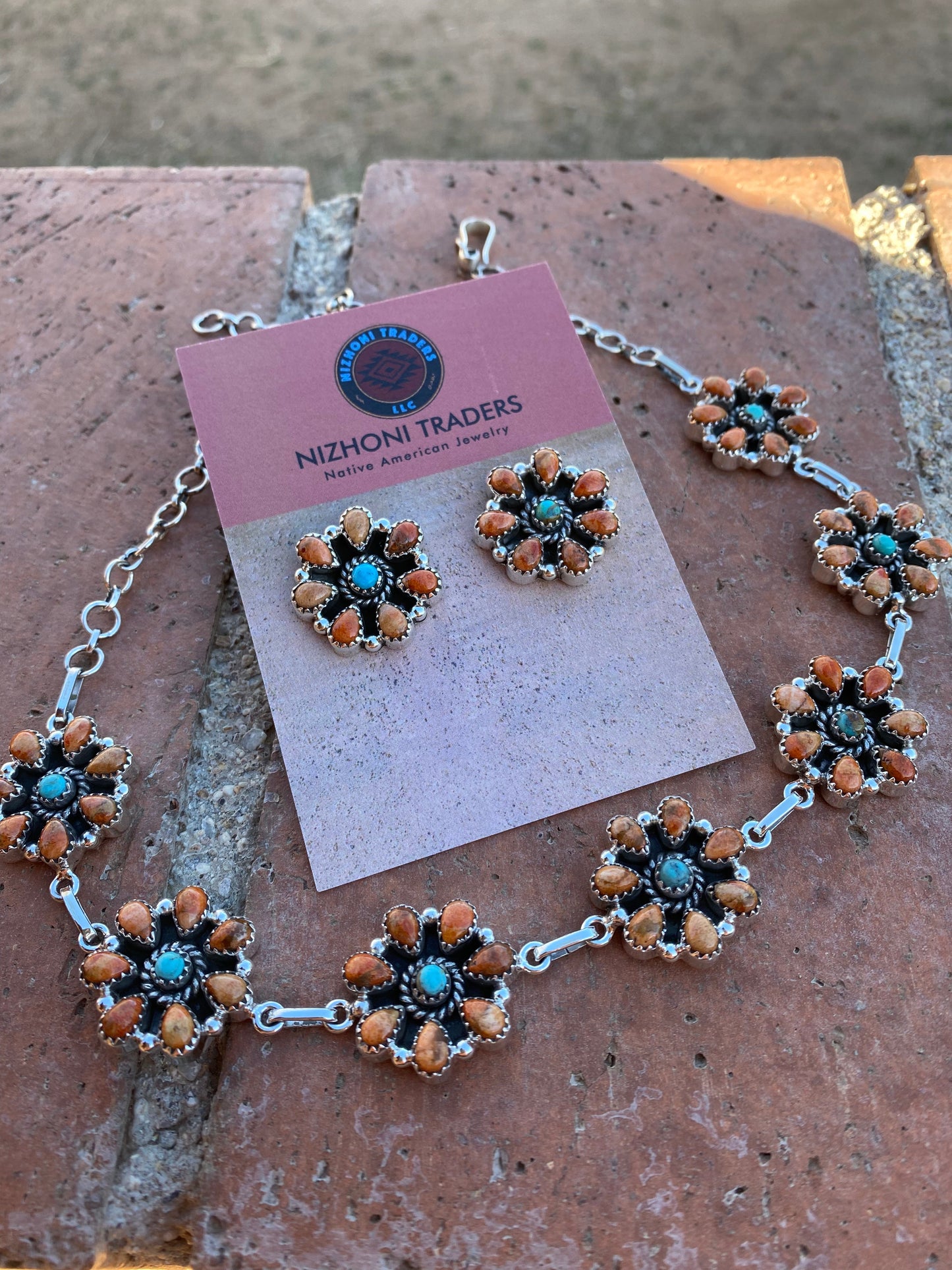 Hand Made Sterling Silver Orange Spiny & Royston Turquoise Choker Necklace