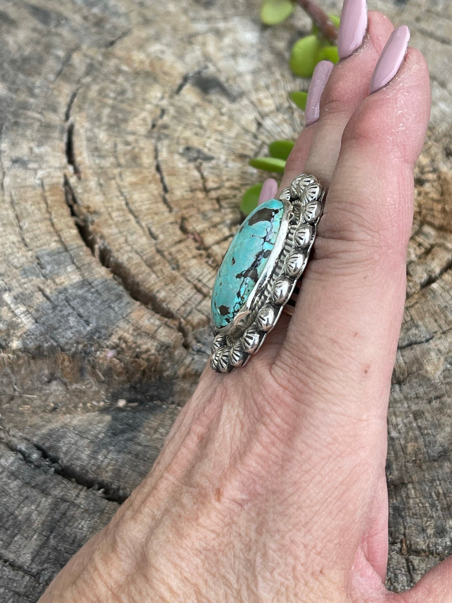 Navajo Sterling Cluster Silver Turquoise Oval Ring Sz 8