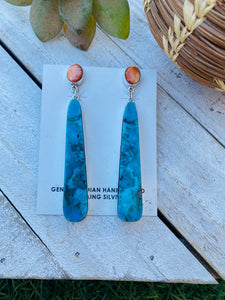 Navajo Sterling Silver, Turquoise & Spiny Slab Dangle Earrings
