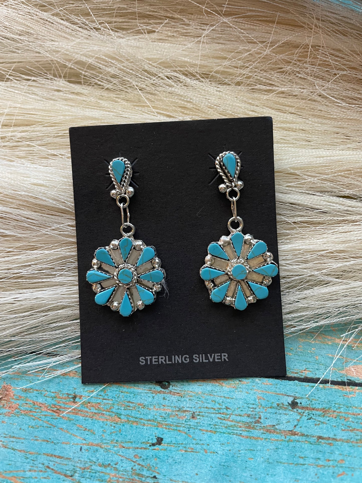 Zuni Sterling Silver & Turquoise 2 Inch Dangle Earrings