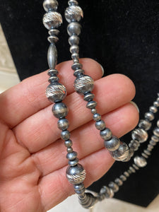 Navajo Sterling Silver Diamond Cut Bead Necklace 46 Inches