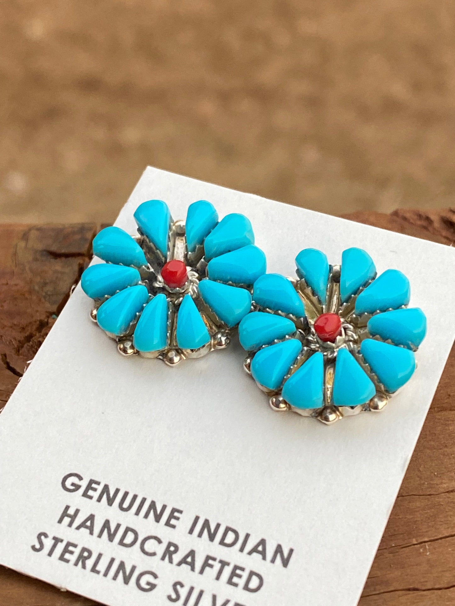 Zuni Turquoise & Coral Sterling Silver Cluster Stud Earrings Signed