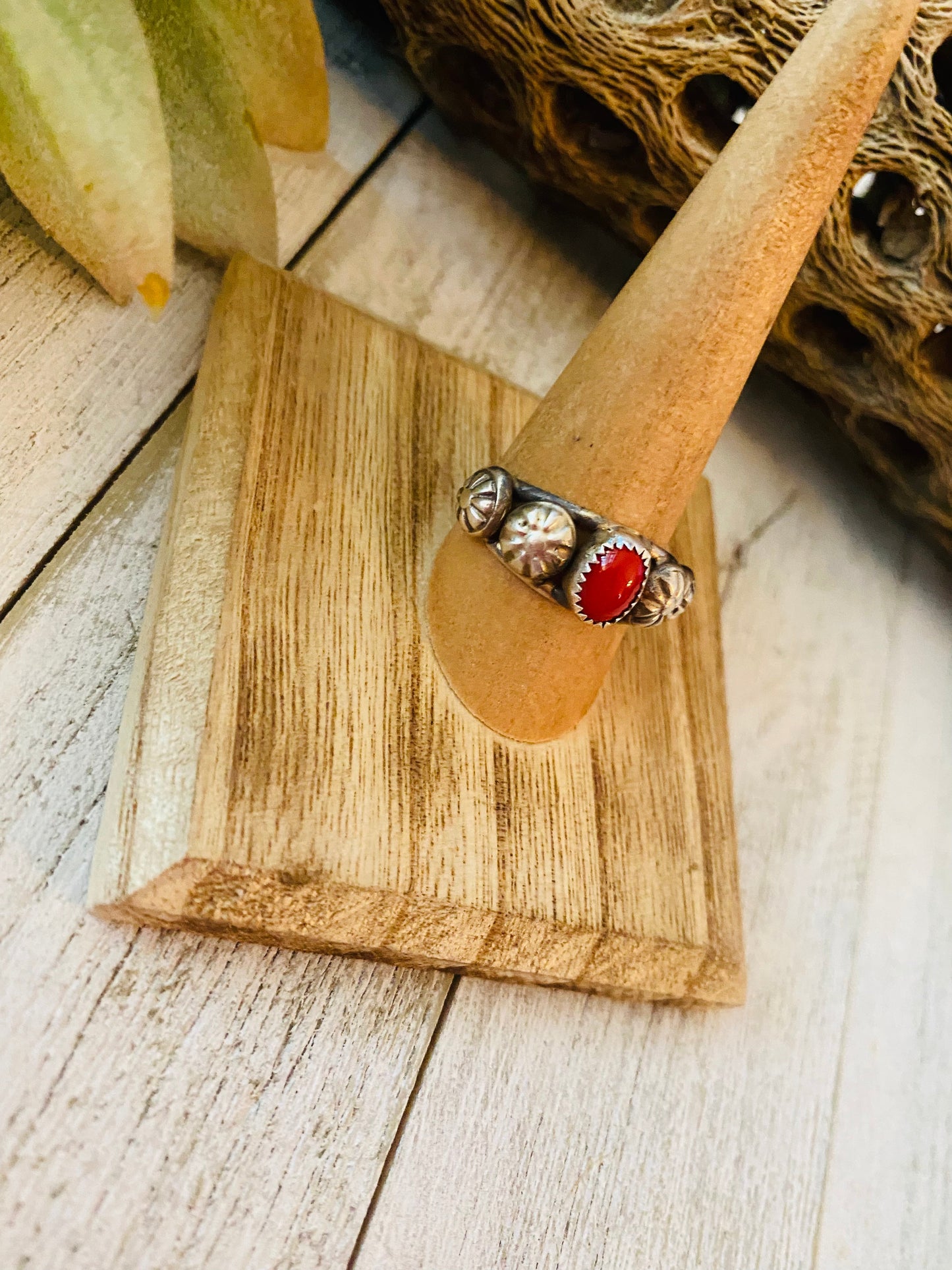 Navajo Coral and Sterling Silver Concho Band Ring