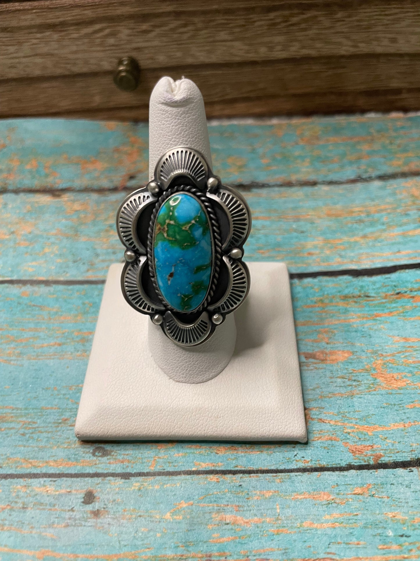 Navajo Sonoran Mountain Turquoise And Sterling Silver Statement Ring Size 8