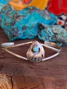Navajo Sterling Silver And Turquoise Baby Bear Paw Cuff Bracelet