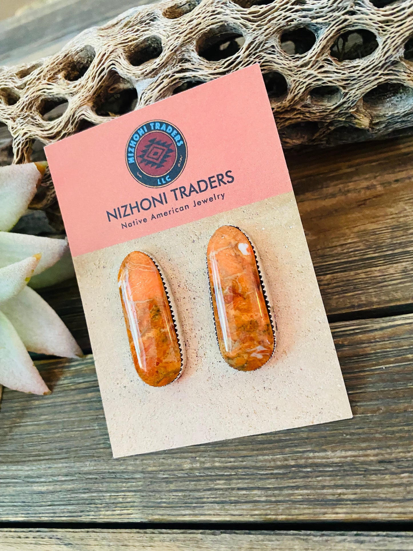 Navajo Sterling Silver & Orange Spiny Post Earrings 1.1/8”