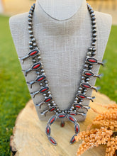 Load image into Gallery viewer, Vintage Navajo Coral &amp; Sterling Silver Squash Blossom Necklace