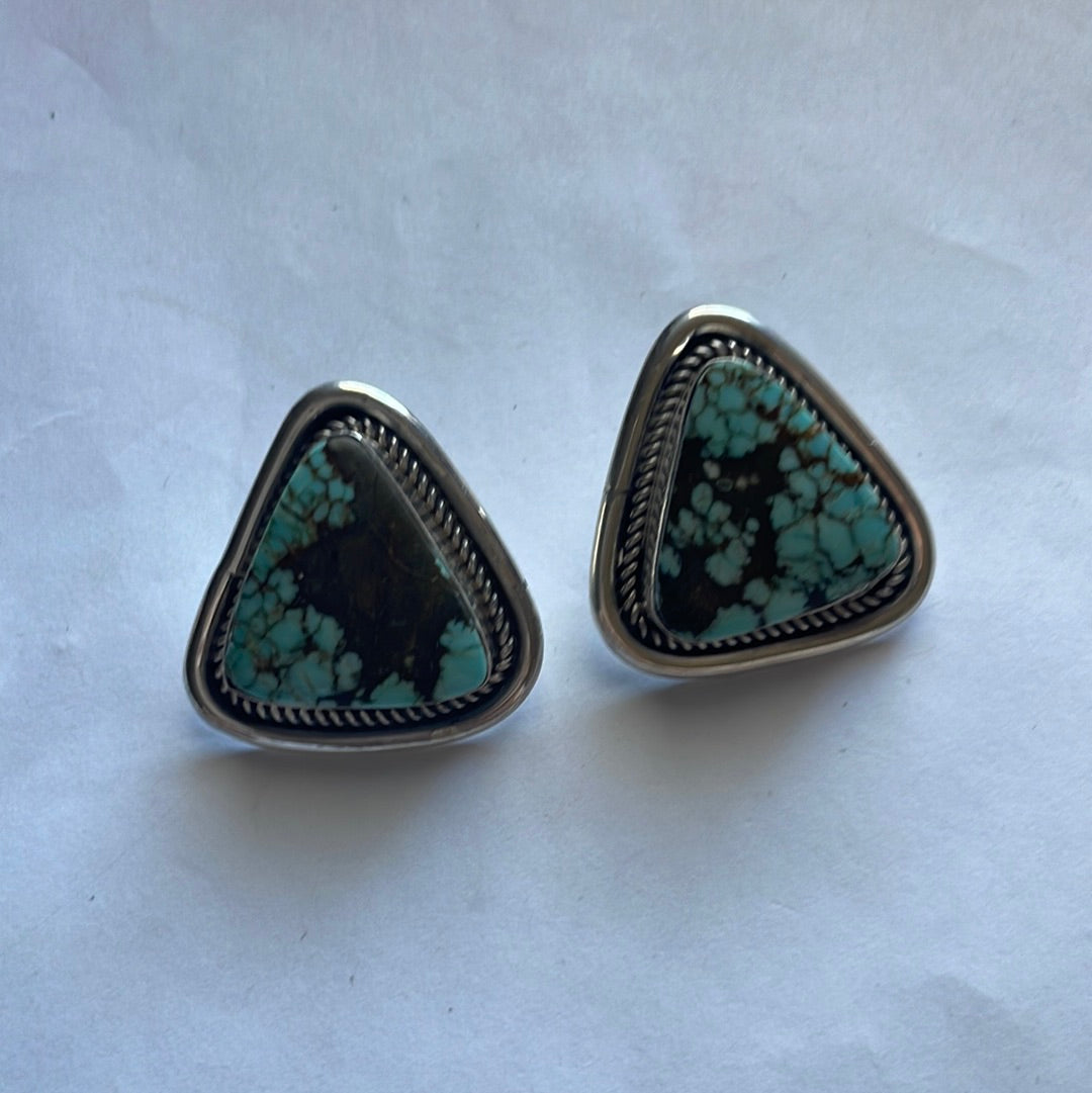 Navajo Number 8 Turquoise & Sterling Silver Post Earrings Signed