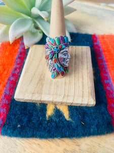 Handmade Sterling Silver & Multi Stone Inlay Indian Chief Ring Size 9.5