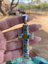 Load image into Gallery viewer, Natural Blue Moon Turquoise &amp; Sterling Silver Navajo  Cross Pendant