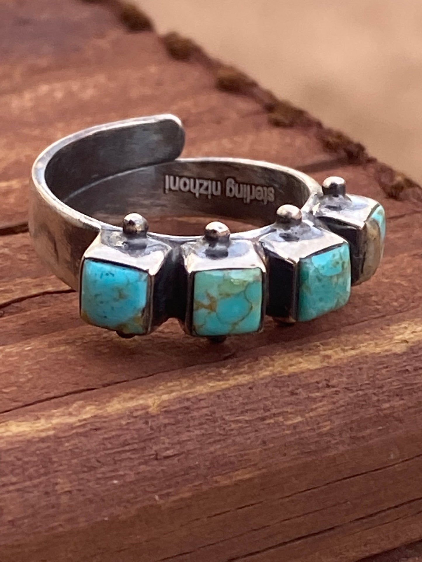 Handmade Sterling Silver & Natural Kingman Turquoise Square adjustable Ring