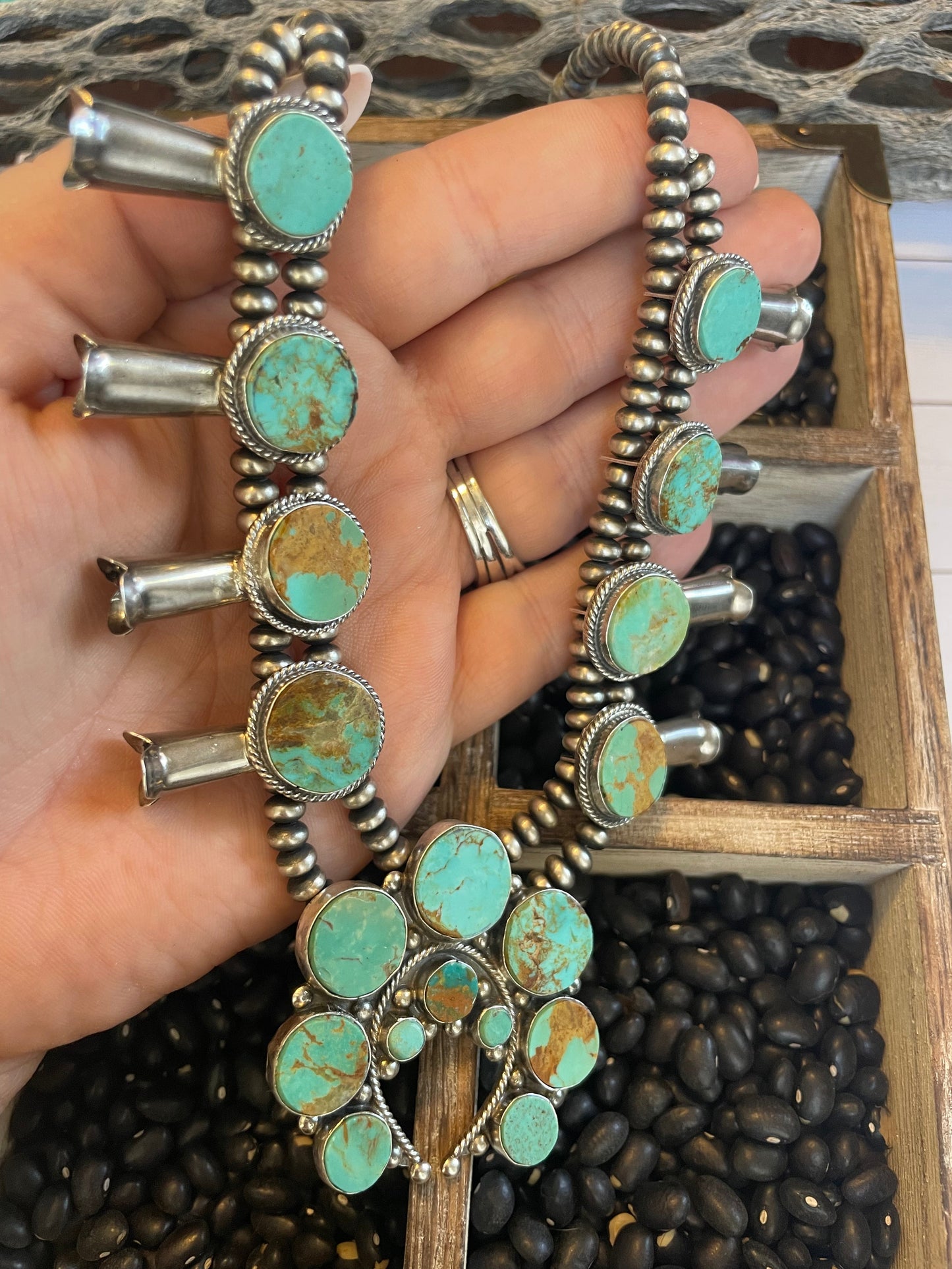 Turquoise Squash Blossom Set by the Navajo Artist Jacqueline Silver