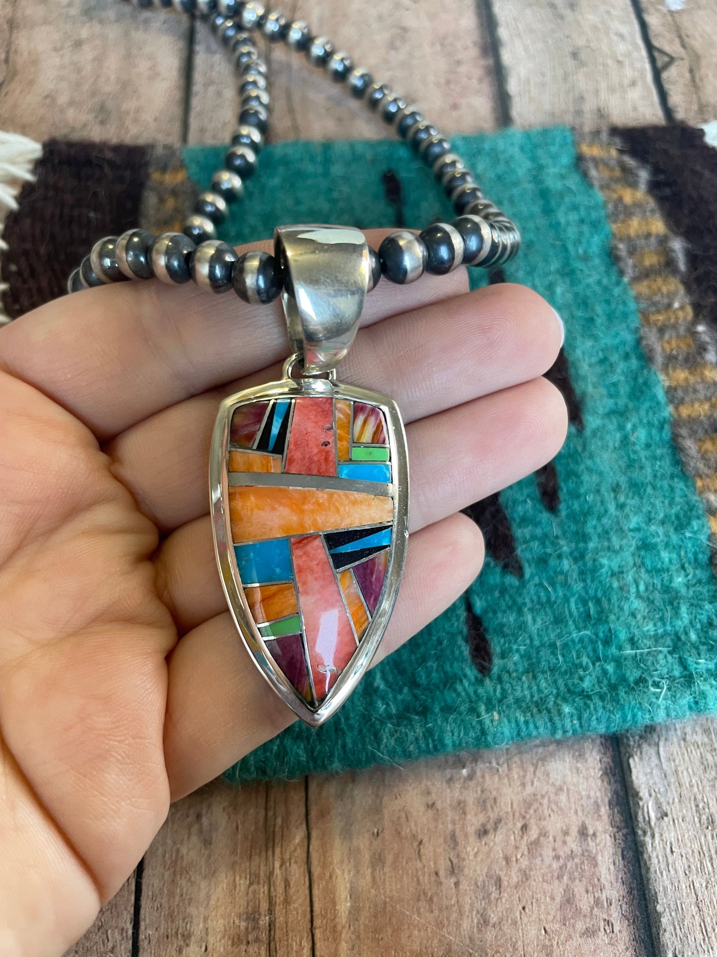 Navajo Multi Stone Inlay & Sterling Silver Pendant Signed