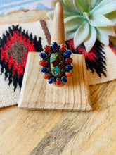 Load image into Gallery viewer, Handmade Sterling Silver, Turquoise, Coral &amp; Lapis Cluster Adjustable Ring