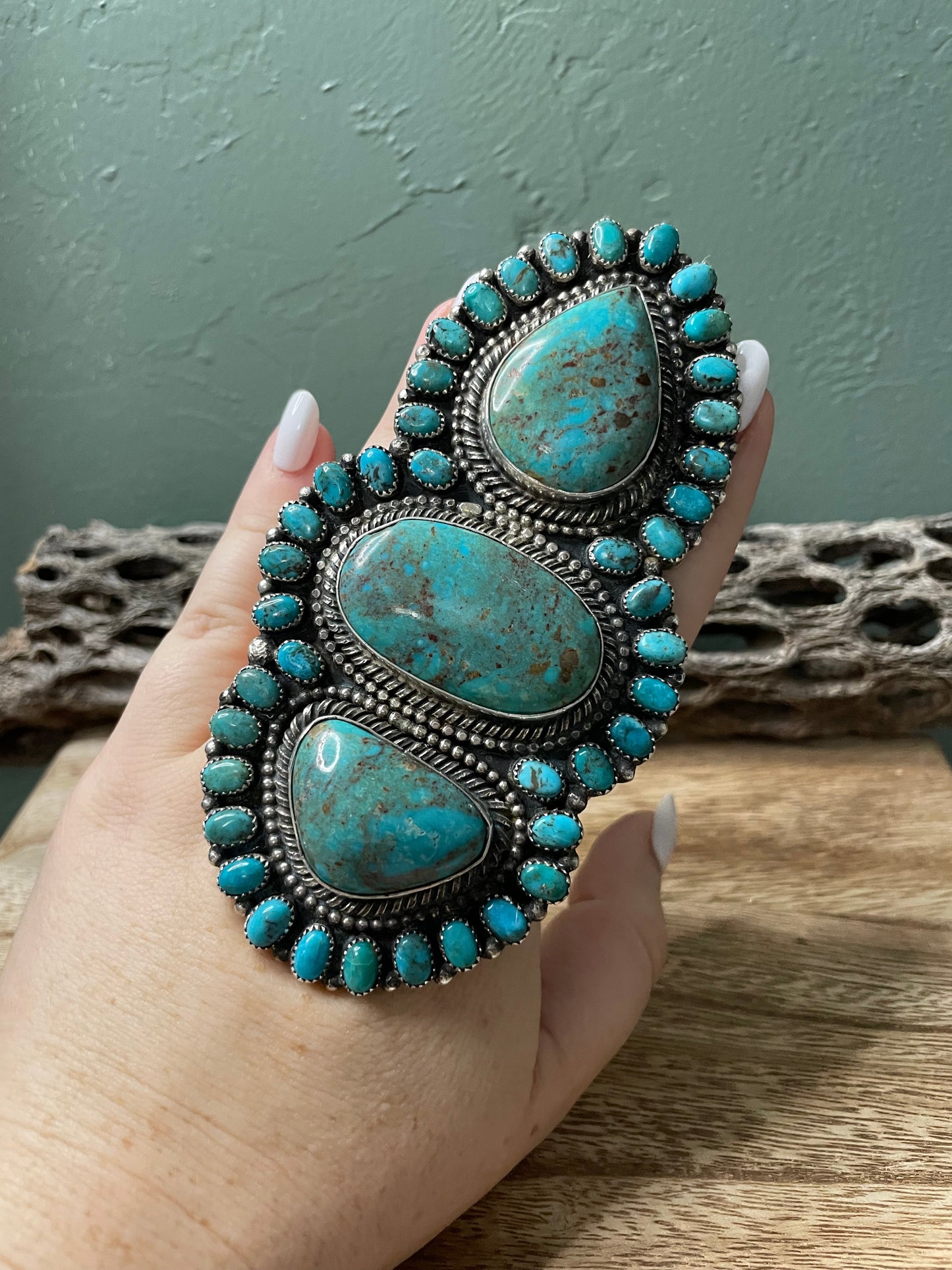 Navajo Sterling Silver And Turquoise Statement Ring Sz 9
