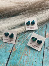 Load image into Gallery viewer, Zuni Sterling Silver &amp; Green Opal Inlay Heart Stud Earrings