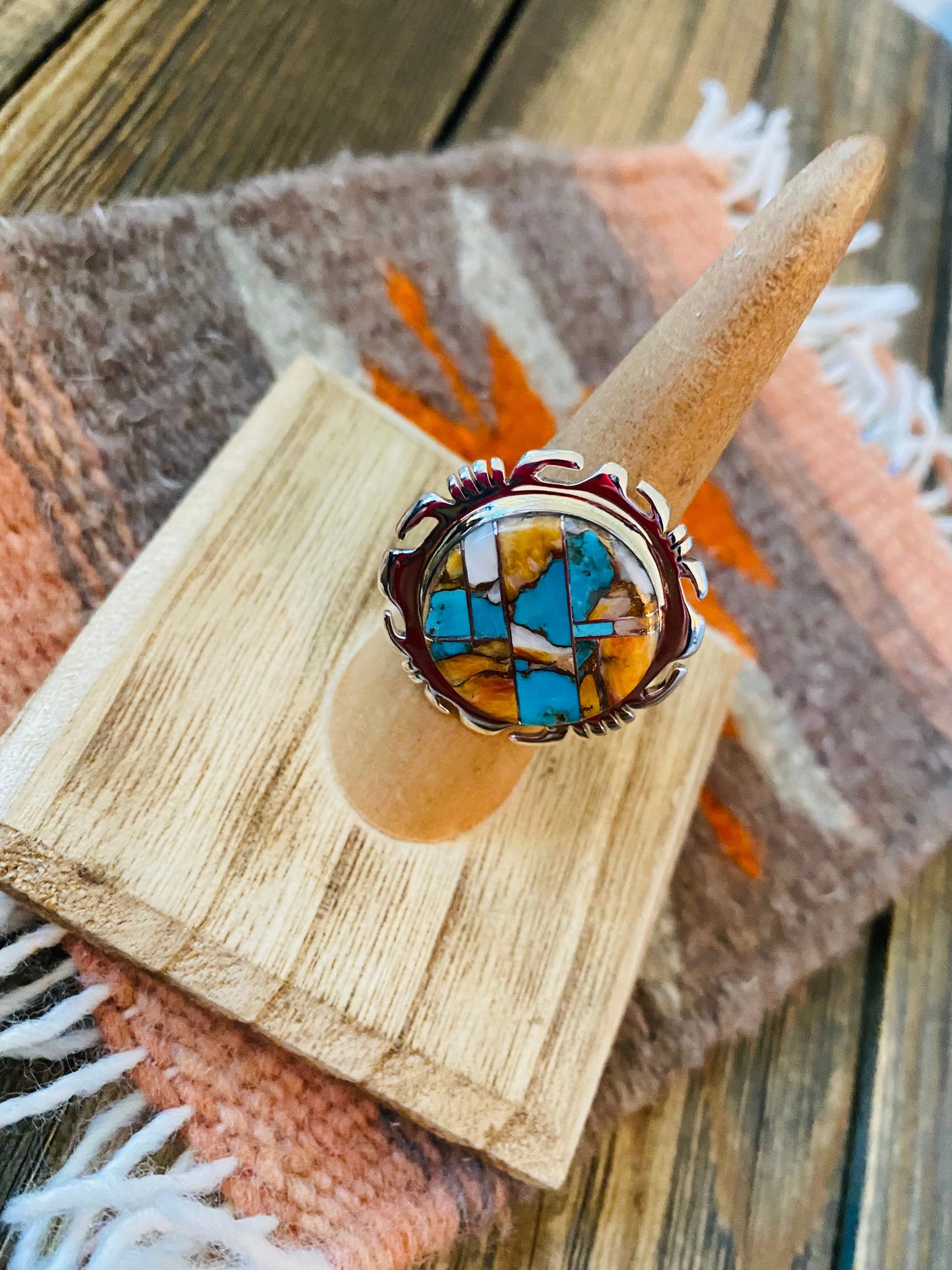 Navajo Sterling Silver & Multi Stone Spice Inlay Ring Size 6.5