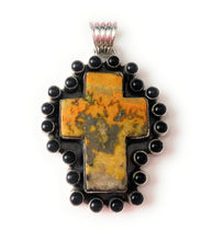 Load image into Gallery viewer, Handmade Sterling Silver, Onyx &amp; Bumblebee Jasper Cross Pendant