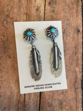Load image into Gallery viewer, Navajo Sterling Silver Turquoise Feather Dangle Earrings