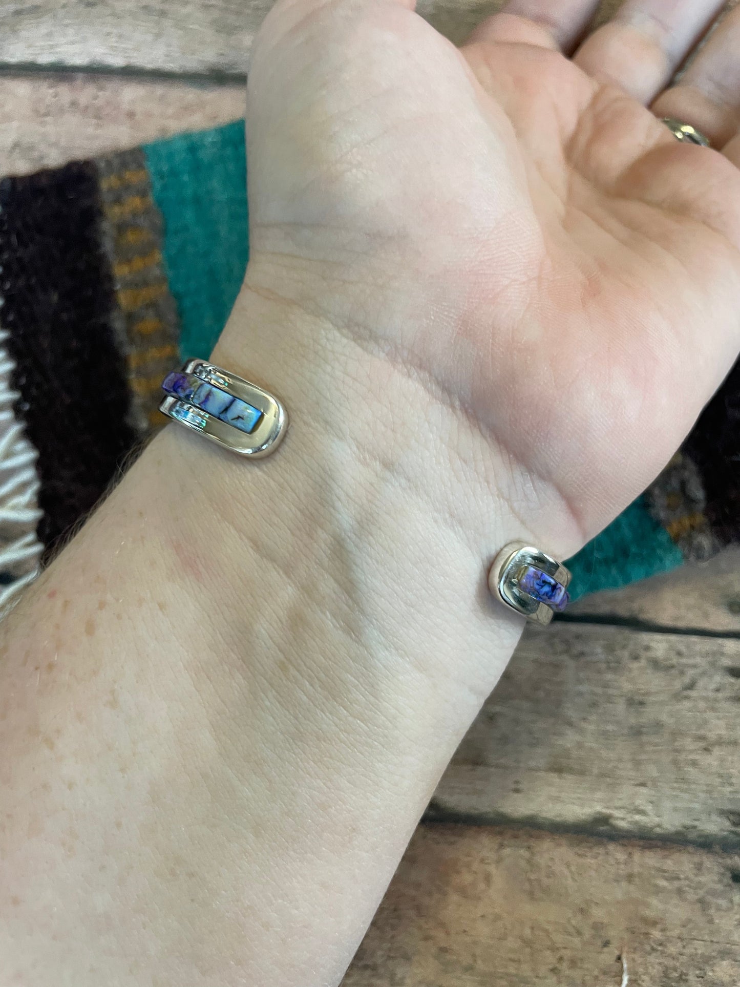 Navajo Handmade Sterling & Blue Opal Web Inlay Cuff Bracelet