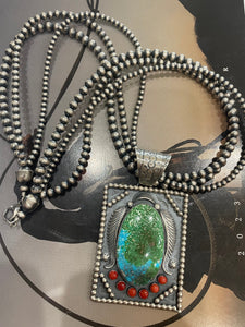 Navajo Coral, Sonoran Turquoise & Sterling Silver 3 Strand Necklace Signed