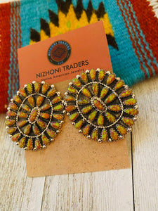 Navajo Sterling Silver & Opal Cluster Post Earrings Signed