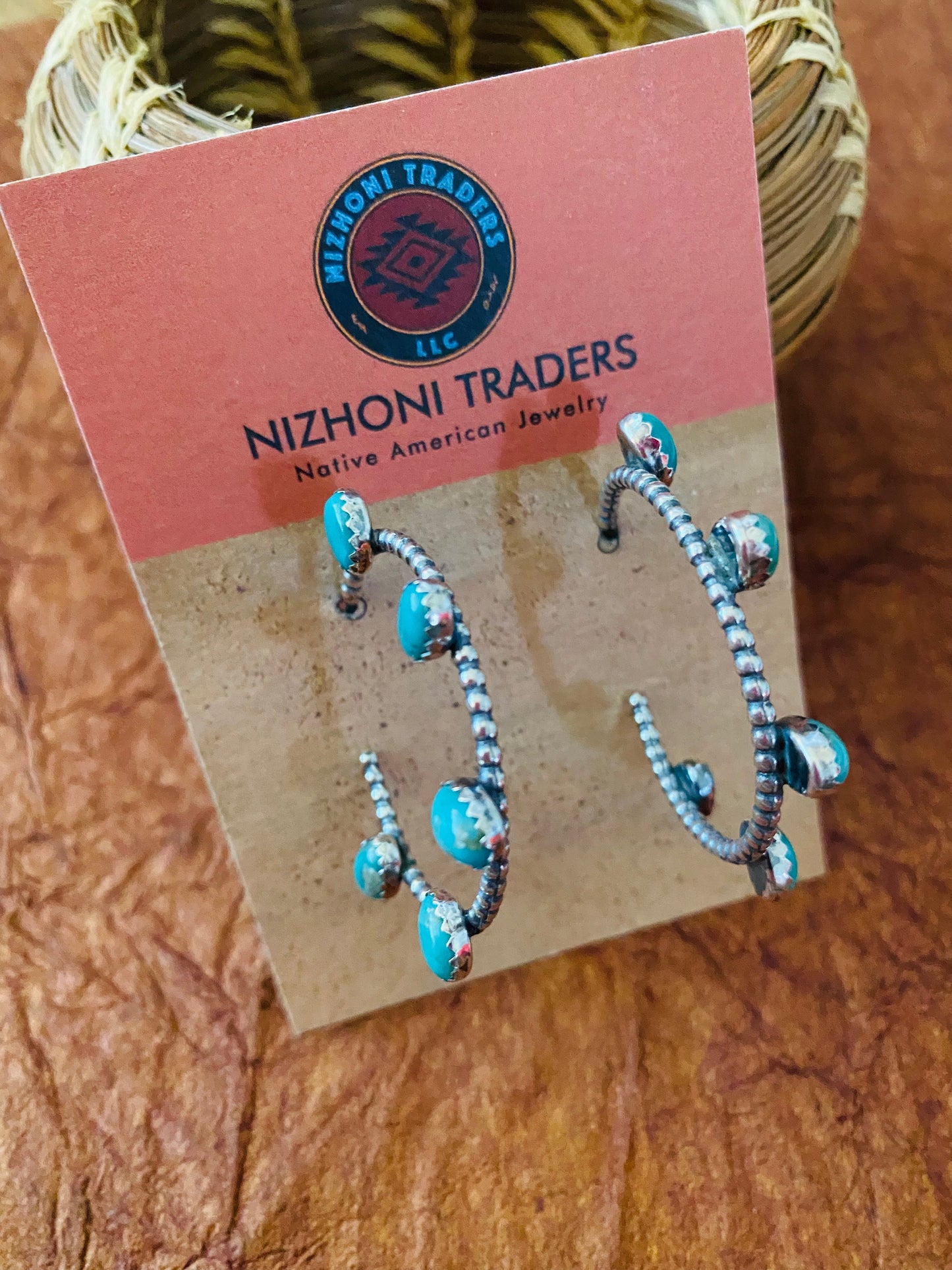 Navajo Sterling Silver & Turquoise Hoop Earrings