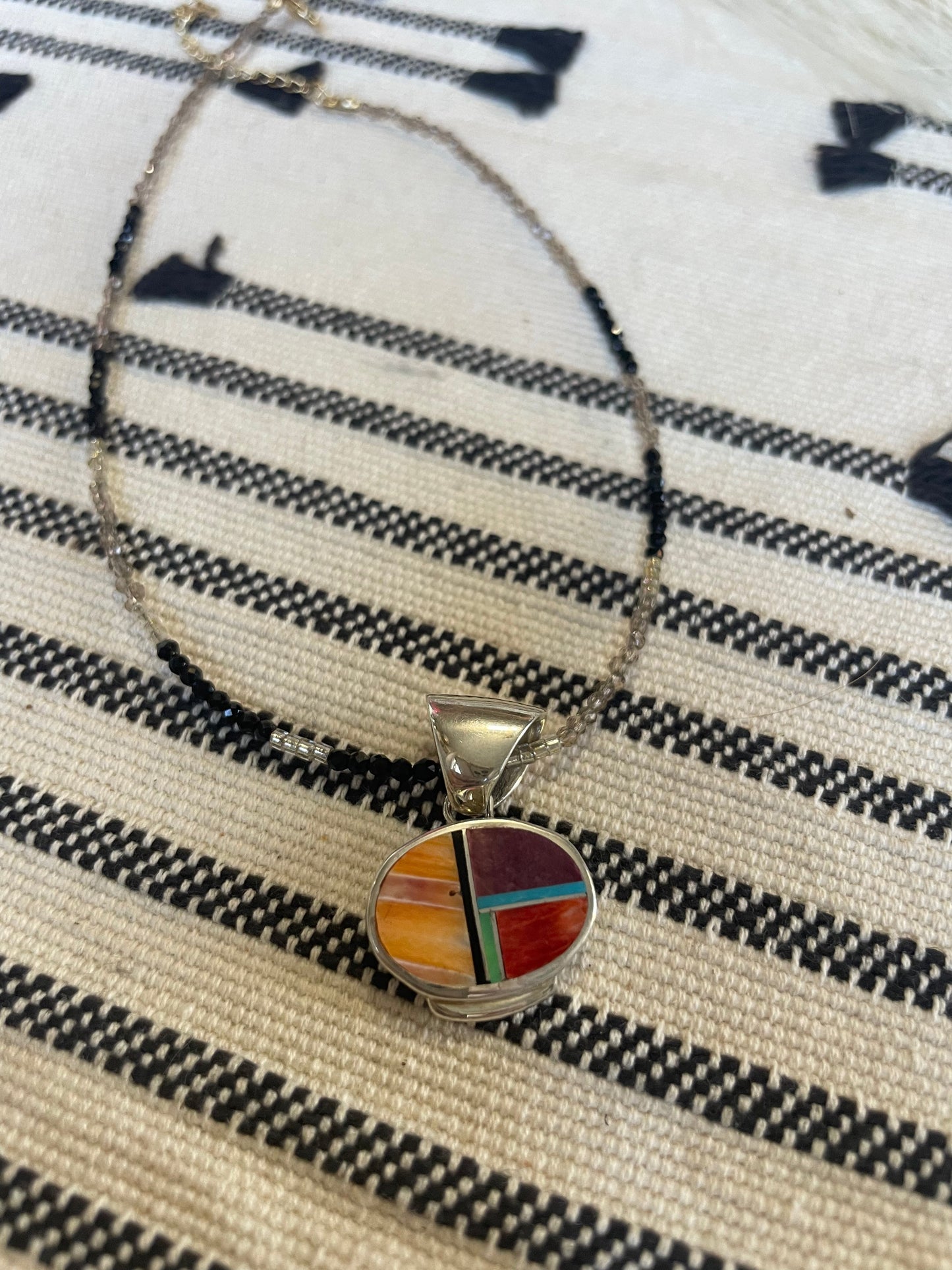 Navajo Multi Stone Inlay & Sterling Silver Circle Pendant