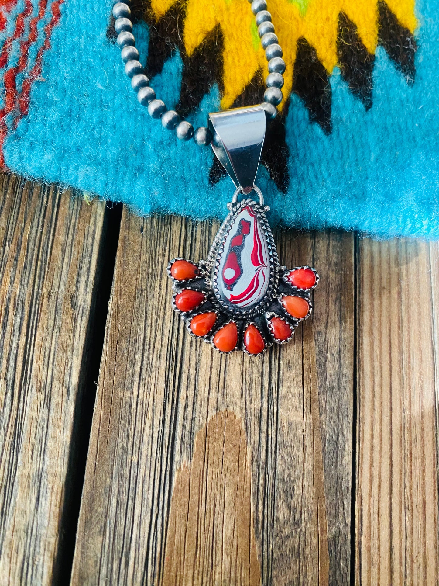 Handmade Sterling Silver, Fordite & Coral Cluster Pendant