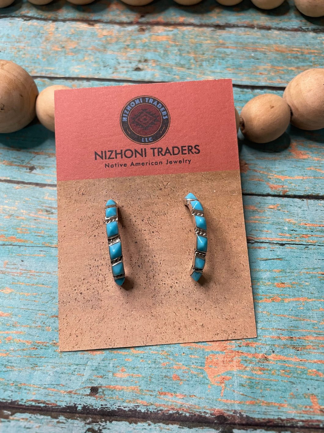 Zuni Sterling Silver And Turquoise Crescent Hoop Earrings