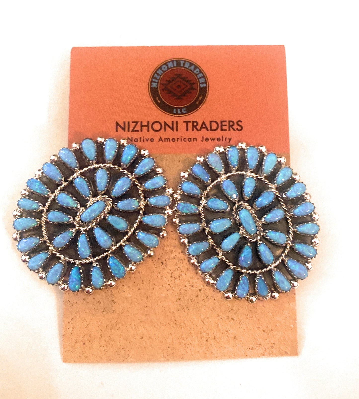 Navajo Sterling Silver & Blue Opal Cluster Post Earrings Signed