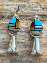 Load image into Gallery viewer, Navajo Turquoise, Onyx, Petrified Wood &amp; Sterling Silver Blossom Dangle Earrings