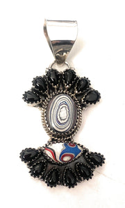 Handmade Sterling Silver, Fordite & Onyx Cluster Pendant
