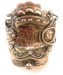 Navajo Hand Stamped Sterling Silver Saddle Cuff Bracelet by Tim Yazzie