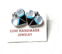 Load image into Gallery viewer, Zuni Sterling Silver, Turquoise, Onyx, &amp; Mother of Pearl Stud Heart Earrings