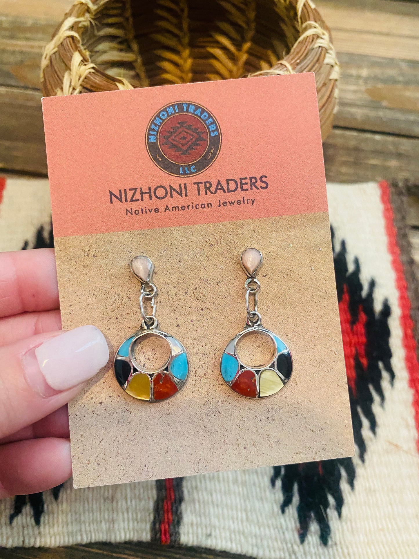 Zuni Sterling Silver & Multi Stone Inlay Dangle Earrings