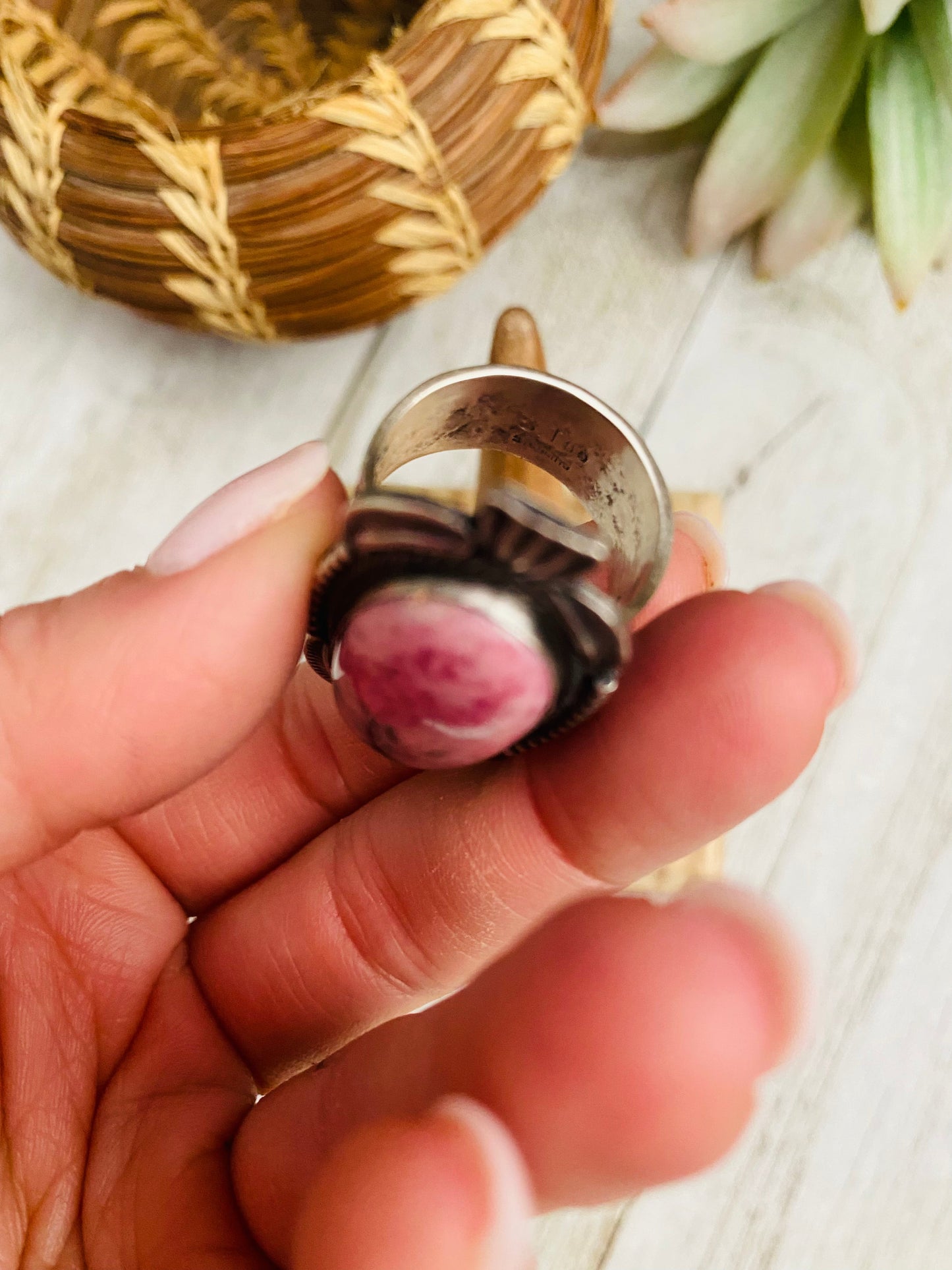 Navajo Rhodochrosite And Sterling Silver Ring Size 9 Signed