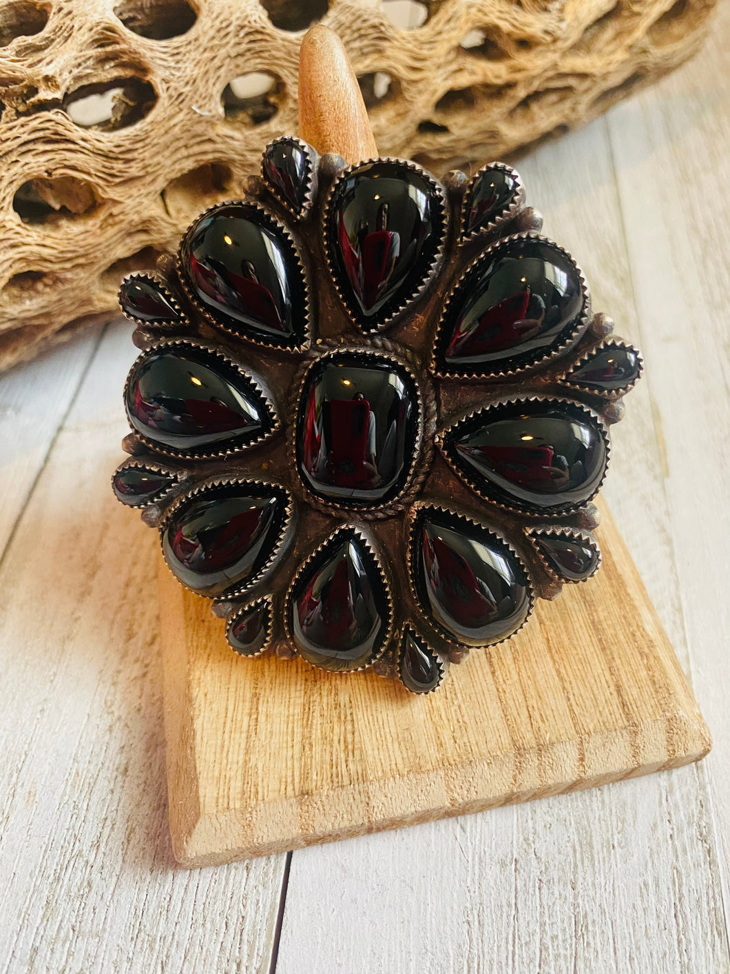 Navajo Sterling Silver & Black Onyx Cluster Adjustable Ring