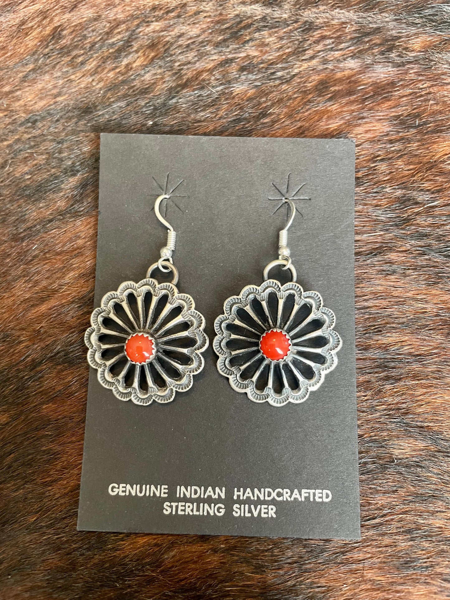 Navajo Red Coral And Sterling Silver Flower Earrings