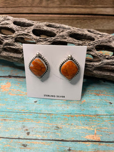Navajo Apple Coral And Sterling Silver Post Earrings Signed